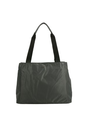 Dunkelgraue Tragetasche mit einer glatten, glänzenden Oberfläche. Verfügt über zwei schwarze Stoffgriffe und ein einfaches Design mit einem dezenten Logoakzent.