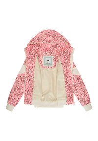 Hættetrøje med pink og rød dyreprint, cremefarvet inderside og manchetter samt et synligt "ragwear"-mærke inde i kraven.