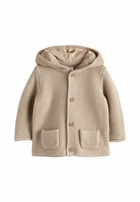 Veste à capuche en tricot beige avec un motif texturé, fermeture à boutons et deux poches avant. Doublure intérieure douce.