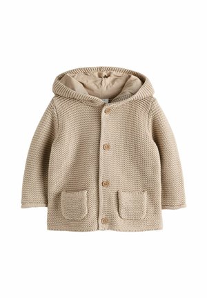 Beige strikket hættejakke med et struktureret mønster, knaplukning og to forlommer. Blødt indvendigt for.
