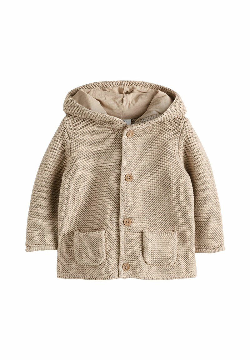 Veste à capuche en tricot beige avec un motif texturé, fermeture à boutons et deux poches avant. Doublure intérieure douce.