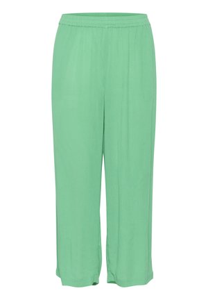 Groene, lichte, knielange broeken met een elastische tailleband en een losse pasvorm. Gemaakt van een gladde stof zonder zichtbare patronen.