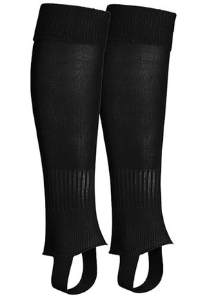 Pair of black knee-high knit stirrup socks with ribbed sections and elastic foot straps for secure fit.