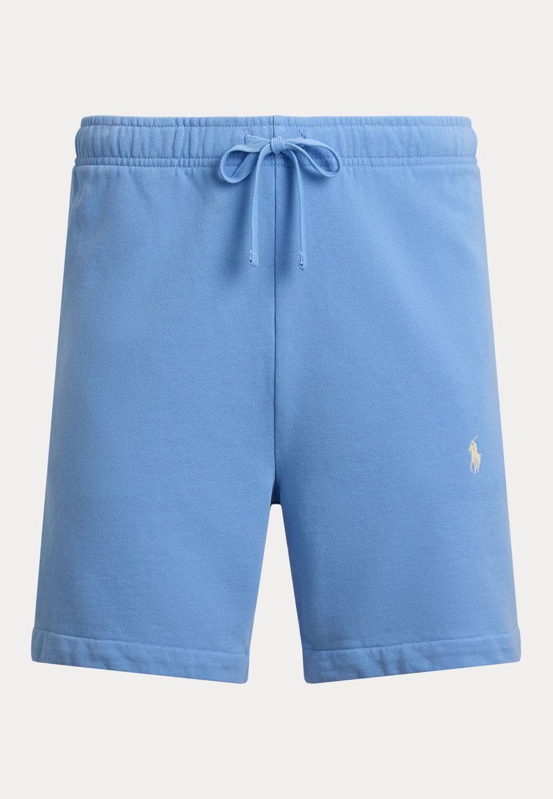 Light blue casual shorts with elastic waistband, front drawstring, and small white embroidered logo on the right leg.