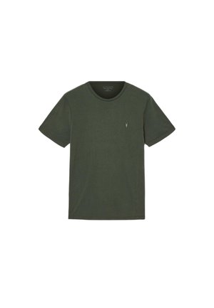 T-shirt à manches courtes vert olive en coton doux, avec un col rond et un petit logo brodé sur le côté gauche de la poitrine.