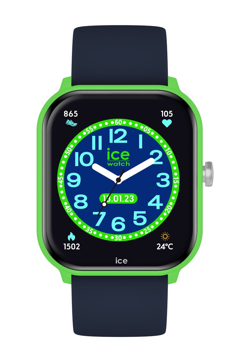 Orologio digitale con cassa in silicone verde e cinturino blu. Presenta un quadrante blu con grandi numeri verdi e bianchi, la data e vari icone.