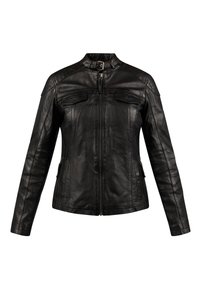 Schwarze Lederjacke mit hohem Kragen, Reißverschluss vorne und zwei Brusttaschen. Sie verfügt über eine glatte Textur und eine taillierte Passform mit langen Ärmeln.