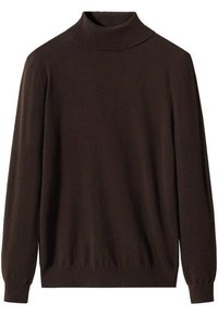 Bruine coltrui van een zachte, gebreide stof. Lange mouwen, geribde halslijn en manchetten, strak ontwerp zonder patronen of versieringen.