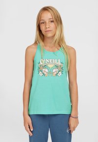 Ljus aqua linne med grafisk blommönster och texten "O'Neill Surf Supply Co.", med klassisk passform och mjukt bomullstyg.