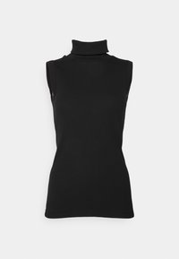 Top noir sans manches en maille côtelée, avec un col haut et une silhouette ajustée. Texture lisse avec un minimum de détails.