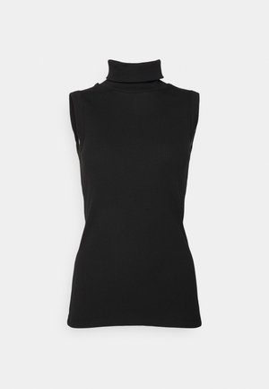Black sleeveless turtleneck top made of ribbed fabric, featuring a high neck and a fitted silhouette. Smooth texture with minimal detailing.