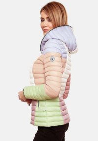 Padded jacket featuring a color-block design with pastel shades of lavender, blush, and light green; hood with black zipper and logo patch.