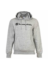 Sudadera gris de tejido suave, con un bolsillo frontal tipo canguro, capucha con cordón y el logo negro de "Champion" en el pecho.