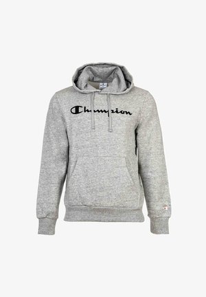Grau Hoodie aus weichem Material, mit einer Fronttasche, Kapuze mit Kordelzug und schwarzem "Champion"-Logo auf der Brust.