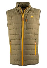 Olivgrüne Steppweste mit hohem Kragen, orangefarbenen Reißverschl�üssen, gestepptem Design und seitlichen Taschen. Verfügt über ein kleines Logo auf der Brust.