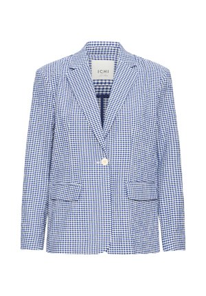 Blauw-wit geruit gingham-blazer met inkeping revers, enkele witte knoopsluiting en twee voorzakken met klep van ICHI Studio.