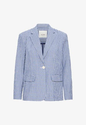 Kék-fehér kockás ingminta blézer bevágott hajtókákkal, egy fehér gombos záródással és két első zsebfedővel az ICHI Studio-tól.