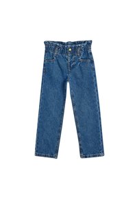 Pantalones de mezclilla azules con cinturilla elástica, dos bolsillos frontales, corte recto y costuras cosidas. Textura suave y color sólido.