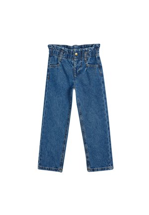 Blaue Jeanshose mit elastischem Bund, zwei vorderen Taschen, geradem Schnitt und genähten Nähten. Glatte Textur und einfarbig.