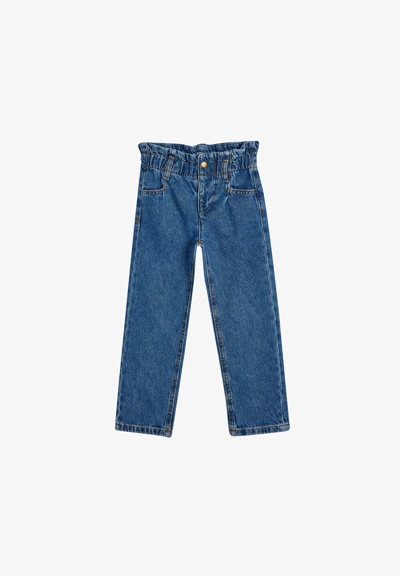 Blå denimbyxor med elastisk midja, två framfickor, raka ben och sömmar som är sydda. Slät textur och enfärgad.