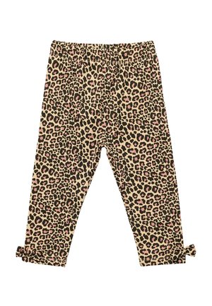 Luipaardprint leggings met een elastische tailleband, voorzien van een beige achtergrond, zwarte vlekken en roze accenten aan de zoom.