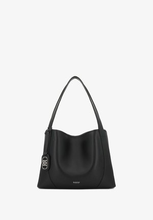 Sac en cuir noir au design lisse et incurvé, avec une seule bandoulière et un accent argenté sur la bandoulière. Présente le logo à l'avant.