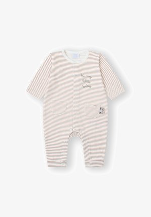 Peto para bebé a rayas en crema y rosa claro, material de algodón, mangas largas, con botones en el frente, bolsillos y un diseño de búho en el lateral.