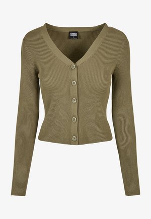 Olivinės spalvos raštuotas megztinis su ilgomis rankovėmis, giliu V formos kaklu ir šešiais sagų uždarymu. Turi prigludusį siluetą ir minkštą tekstūrą.