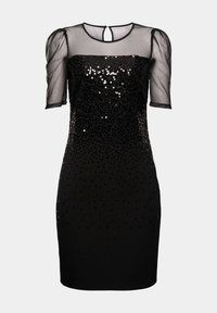 Černé šaty s korálkovou tělem a gradientním vzorem, průhlednými nabíranými rukávy a detailem s otvoreným zadním dílem. Hladká textura po celé délce.