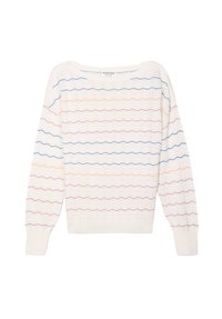 Maglione bianco a maglia con maniche lunghe, caratterizzato da strisce ondulate orizzontali in blu, arancione e rosso. Tessuto testurizzato con design a vestibilità ampia.