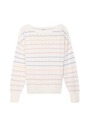 Suéter blanco de punto con mangas largas, que presenta rayas horizontales onduladas en azul, naranja y rojo. Tejido texturizado con un diseño de corte holgado.