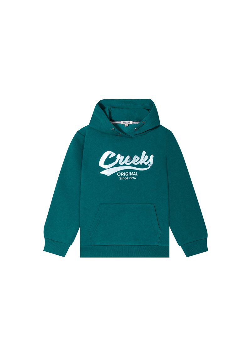 Felpa teal in cotone misto con tasca a marsupio frontale, polsini a coste e cappuccio con cordoncino. Presenta la stampa bianca "Creeks Original".