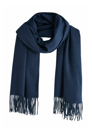 Navy blue scarf made of soft, textured fabric with fringe detailing at both ends, featuring a long rectangular shape for comfortable wrapping.