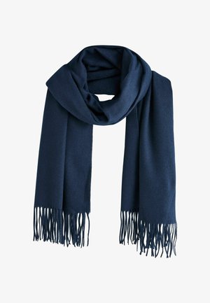 Navy blue scarf made of soft, textured fabric with fringe detailing at both ends, featuring a long rectangular shape for comfortable wrapping.
