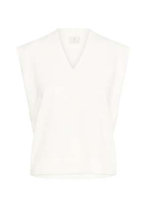 Pull sans manches blanc avec un décolleté en V, un ourlet côtelé et une texture douce, présentant un design minimaliste sans motifs ni accents visibles.