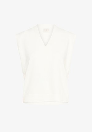 Balta be rankovių megztinis su V formos iškirpte, raižytu apvadu ir minkšta tekstūra, pasižymintis minimalistiniu dizainu ir jokiomis matomomis detalėmis ar raštais.