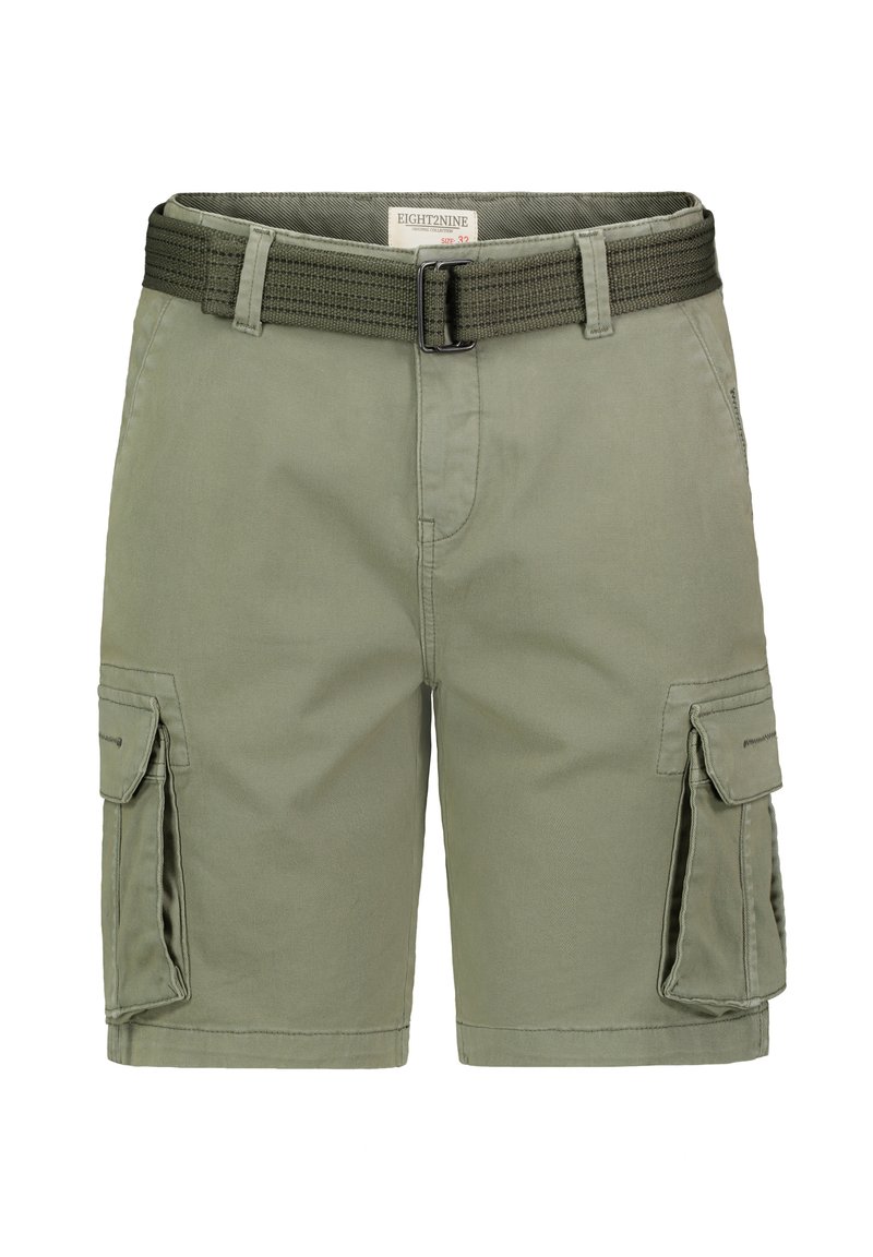 Cargo-Shorts in Olivgrün, aus Baumwolle, mit einem gewebten Gürtel, Seitentaschen und glatter Textur. Lässiges Design, geeignet für den Outdoor-Einsatz.