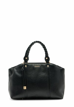 Sac à main en cuir noir avec une finition texturée, des poignées tressées, des accents en matériel doré et une fermeture éclair. Logo affiché sur le devant.