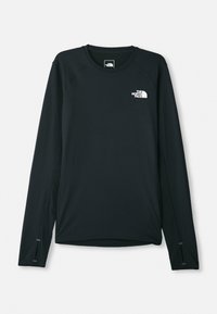 Svart langermet skjorte laget av teksturert stoff med rund hals og sidespalter ved mansjettene. Merkets logo er tydelig synlig.