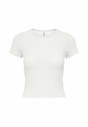 Top corto bianco in pizzo con maniche corte, scollo rotondo e bordi smerlati su maniche e orlo.