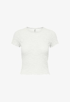 Top corto bianco in pizzo con maniche corte, scollo rotondo e bordi smerlati su maniche e orlo.