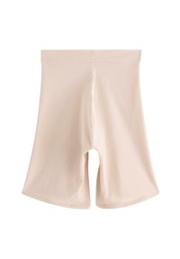 Lys beige shorts lavet af blødt, strækbart stof, med en glat talje og brede benåbninger for nem bevægelse.