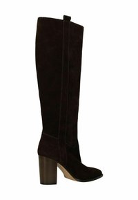 Donkerbruine suede knie-lange laars met een chunky hak, met verticale stiksels en een ronde neus. Glad oppervlak met een eenvoudige vormgeving.