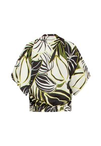 Kurzärmlige, cropped Bluse aus leichtem Material mit großem Blättermuster in Grün, Schwarz und Weiß und einem gerafften Saum.