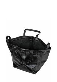 Czarna skórzana torba typu tote z dwoma uchwytami, szerokim otwarciem i gładką fakturą. Posiada niepodszewkowane wnętrze bez dodatkowych kieszeni czy okucia.