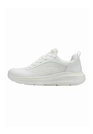 White athletic sneaker with a mesh upper, textured side design, lace closure, padded collar, and a thick rubber sole.