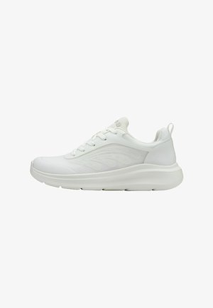 White athletic sneaker with a mesh upper, textured side design, lace closure, padded collar, and a thick rubber sole.