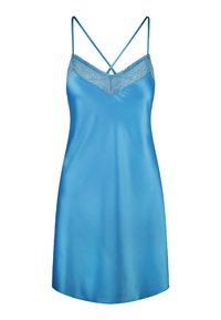 Abito a sottoveste blu in satin con spalline regolabili, bordo in pizzo sul colletto e una texture liscia, caratterizzato da una vestibilità comoda e un orlo svasato.