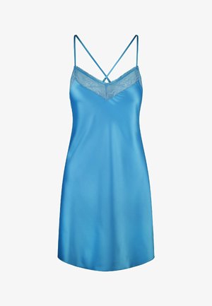 Blå satin-snor kjole med justerbare spaghetti stropper, blondekant ved halsen og en glat tekstur, der har en afslappet pasform og flæse i kanten.