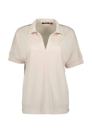 Polo shirt beige chiaro con scollo a V, maniche corte e vestibilità comoda. Tessuto liscio con dettagli di cucitura sottili vicino al colletto.